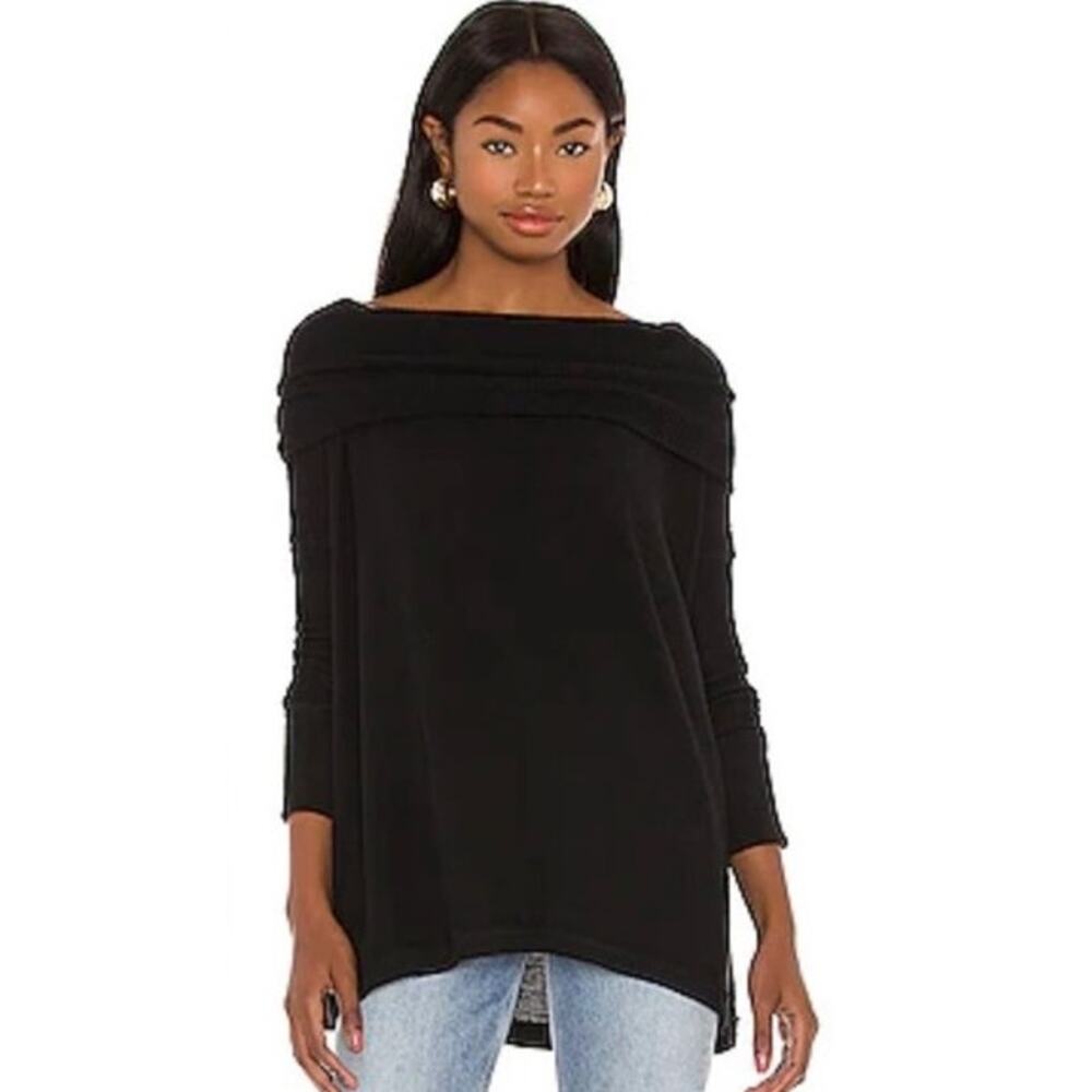 Free People Juicy Ribbed Knit Thermal Top Oversized Long Sleeve Black Small NWT